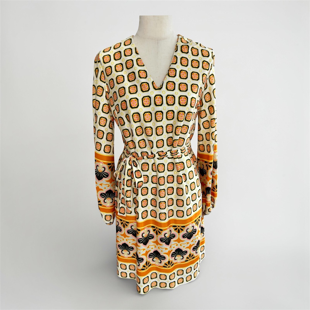 Vintage 70s Mod Shift Dress Geometric Print Belted Long Sleeve Retro Boho Women